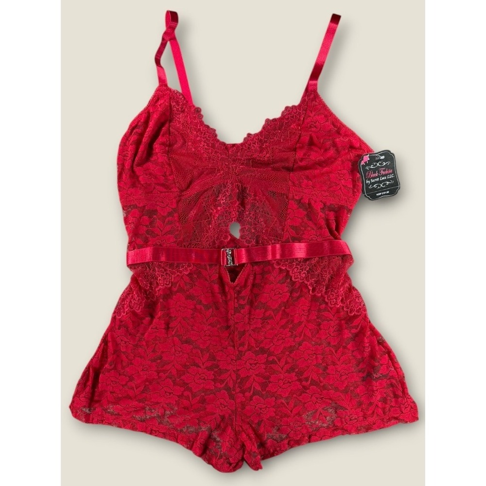 Black Fuchsia Secret Lace Red Floral Lace Teddy Romper Rhinestone Buckle NWT